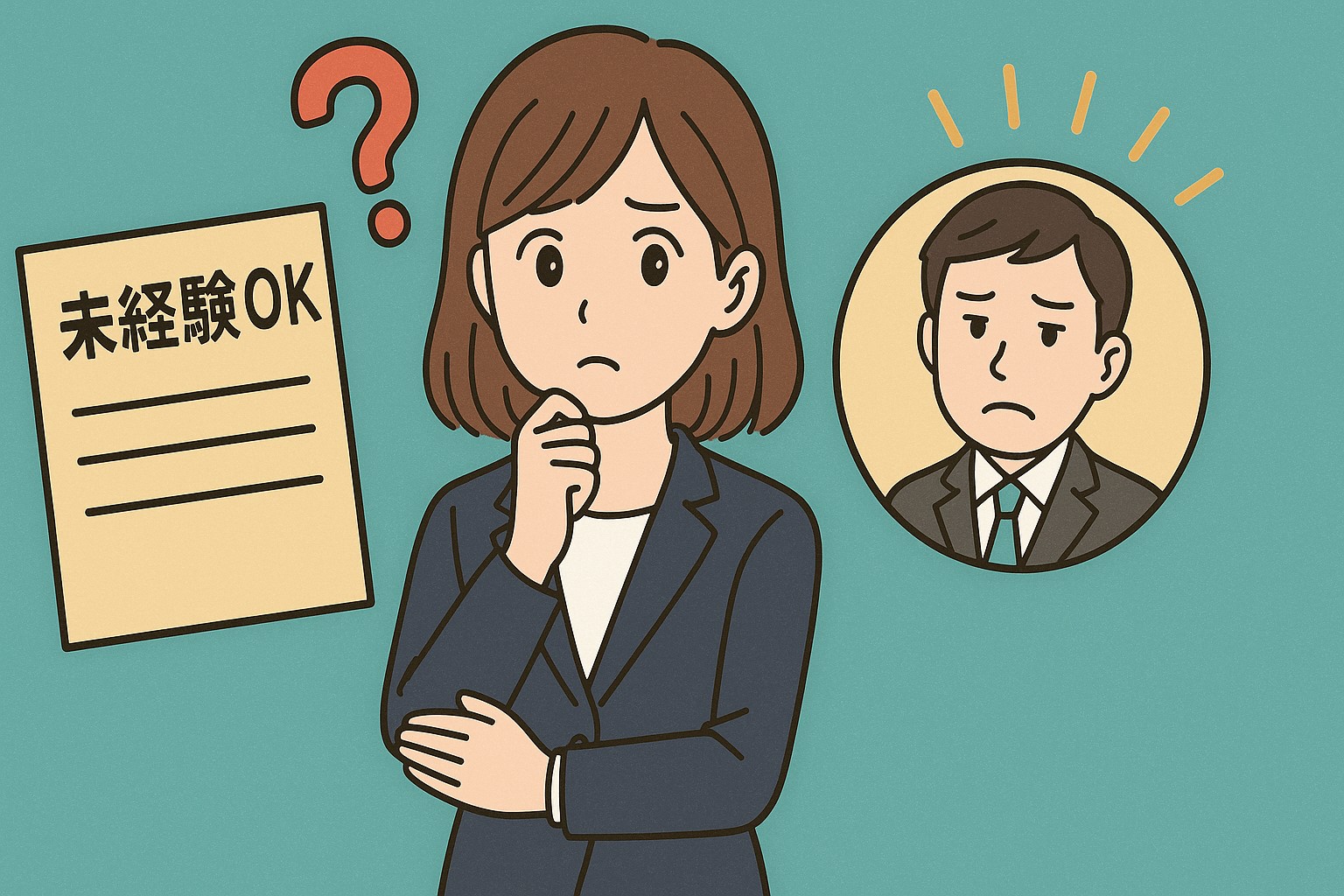 未経験OKの求人を前に不安そうな表情を見せる女性ビジネスパーソンと、考え込む採用担当者が描かれたアニメ風イラスト。