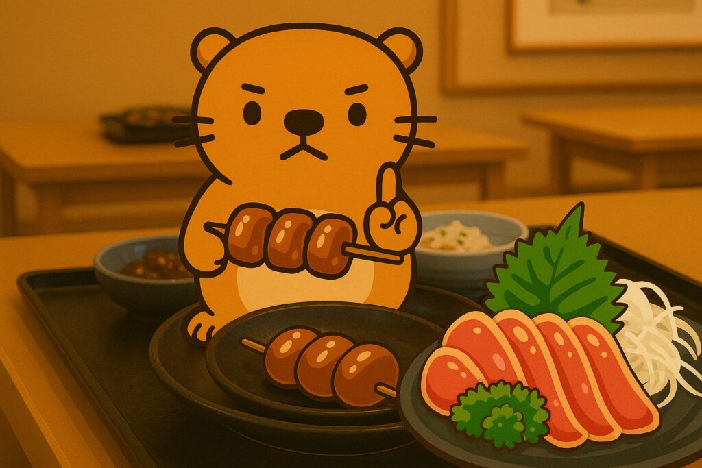 焼き鳥や鶏のたたきをテーマに、カンピロバクター食中毒への注意を呼びかけるアニメ風イラスト。カワウソキャラクターが焼き鳥を持ち、和食店の雰囲気を表現している。