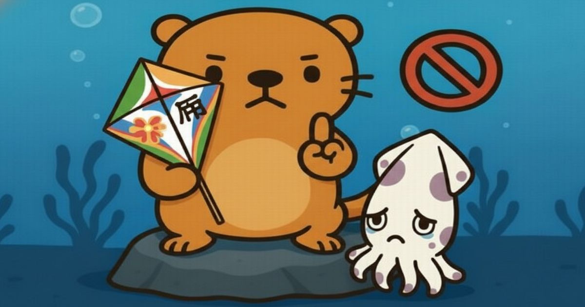 スルメイカ休漁騒動が示す日本漁業の杜撰さと資源管理の崩壊 カワウソが禁止マークと旗を持ち、横で泣いているイカがいるイラスト。警告や注意喚起を示す海中シーン。
