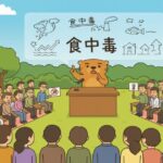天草市飲食店で食中毒発生!サルモネラ検出の理由は? 屋外でカワウソが食中毒の注意喚起演説を行い、多くの住民が集まって話を聞いているイラスト