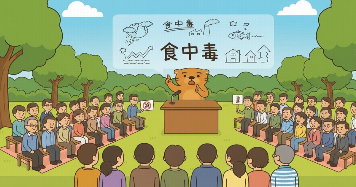 屋外でカワウソが食中毒の注意喚起演説を行い、多くの住民が集まって話を聞いているイラスト