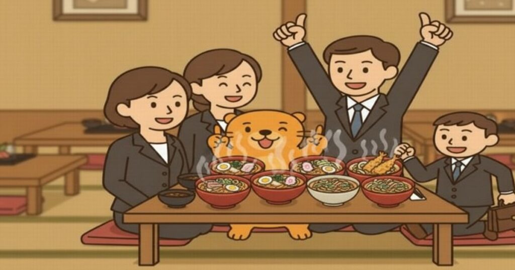 スーツ姿の家族とカワウソがラーメンとうどんを前にバンザイしているイラスト