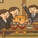 スーツ姿の家族とカワウソがラーメンとうどんを前にバンザイしているイラスト