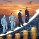 作業服からスーツ姿へと成長していく男性が上昇する矢印の上を進み、転職によるキャリアアップと収入向上を象徴するイラスト