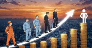 作業服からスーツ姿へと成長していく男性が上昇する矢印の上を進み、転職によるキャリアアップと収入向上を象徴するイラスト