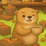 冬場のノロウイルス警戒強まる 石川県が一斉監視指導を開始 柿祭りでコーヒーを持つカワウソのキャラクターが、しっぽ無しの姿で微笑んで座っているイラスト