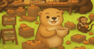 柿祭りでコーヒーを持つカワウソのキャラクターが、しっぽ無しの姿で微笑んで座っているイラスト