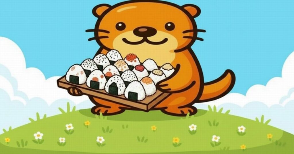 おにぎりをたくさん持って丘の上に立つカワウソのイラスト