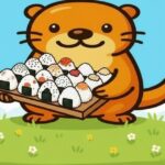おにぎりをたくさん持って丘の上に立つカワウソのイラスト