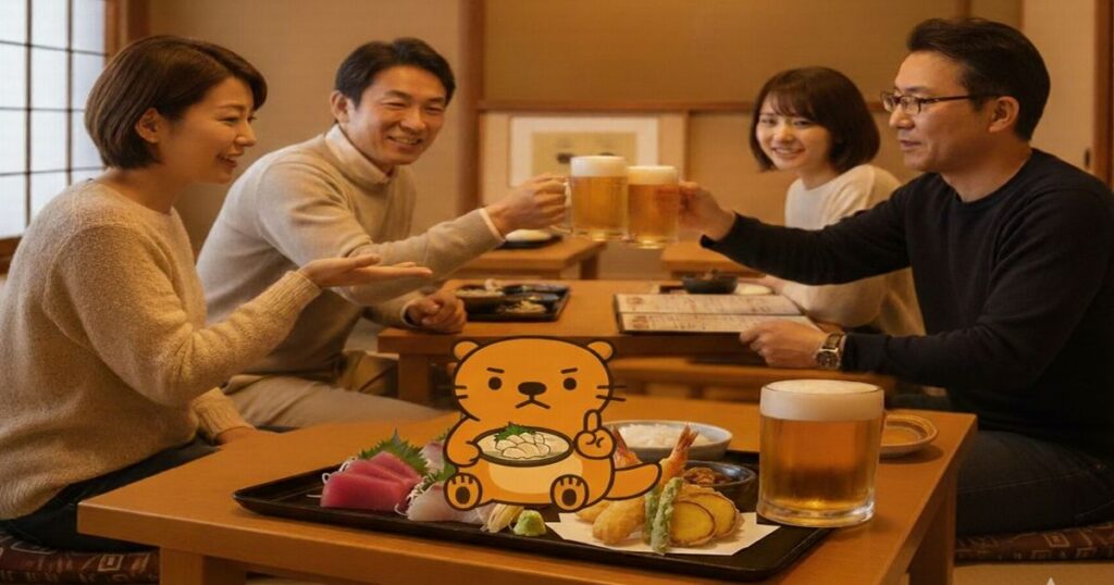 和食居酒屋で食事を楽しむ4人と、料理の前に座るカワウソキャラクターのイラスト。乾杯する様子と刺身・天ぷらなどの和食が並ぶテーブル。