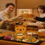 和食居酒屋で食事を楽しむ4人と、料理の前に座るカワウソキャラクターのイラスト。乾杯する様子と刺身・天ぷらなどの和食が並ぶテーブル。