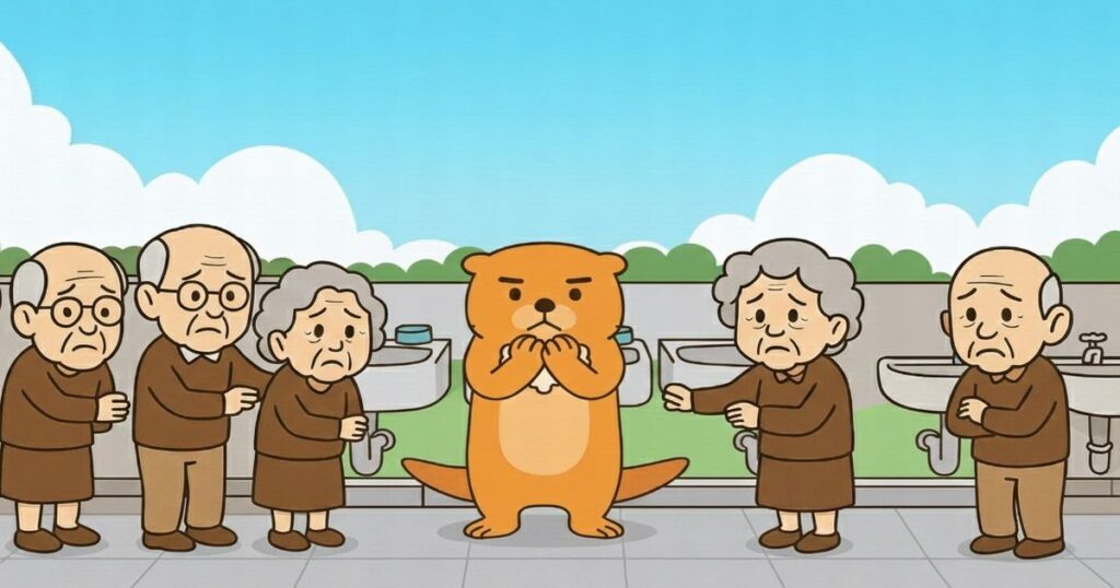 高齢者施設の洗面所で、不安そうな表情の高齢者たちと、中央で手を口元に当てて説明しようとしているカワウソ君のイラスト。