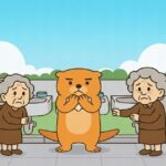 高齢者施設の洗面所で、不安そうな表情の高齢者たちと、中央で手を口元に当てて説明しようとしているカワウソ君のイラスト。
