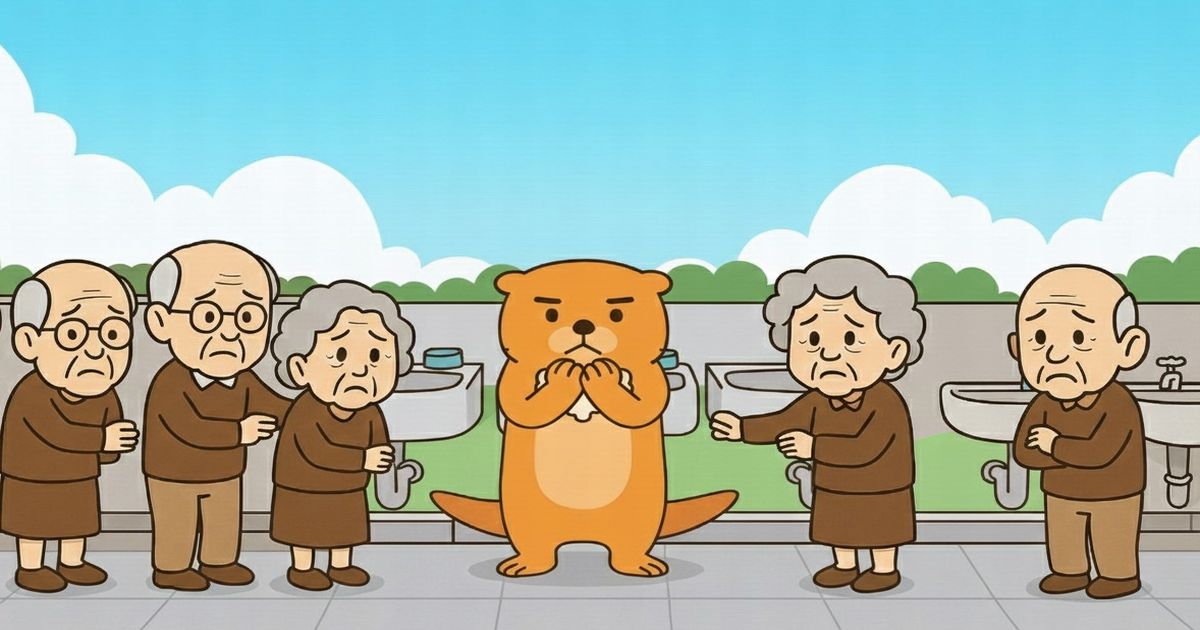 高齢者施設の洗面所で、不安そうな表情の高齢者たちと、中央で手を口元に当てて説明しようとしているカワウソ君のイラスト。