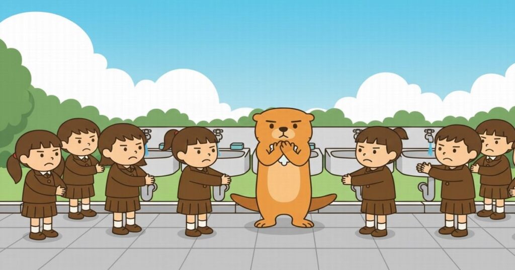 手洗い場で児童たちに囲まれ、手を洗わず困った表情をするカワウソのイラスト