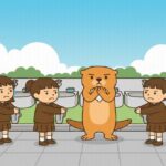 手洗い場で児童たちに囲まれ、手を洗わず困った表情をするカワウソのイラスト