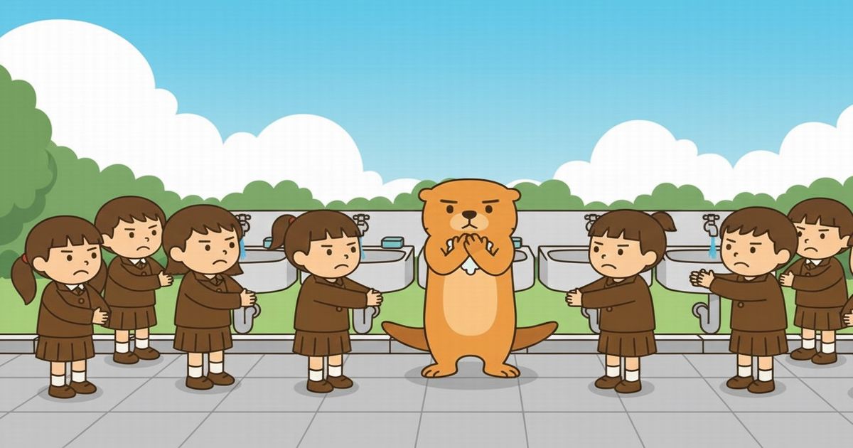 手洗い場で児童たちに囲まれ、手を洗わず困った表情をするカワウソのイラスト