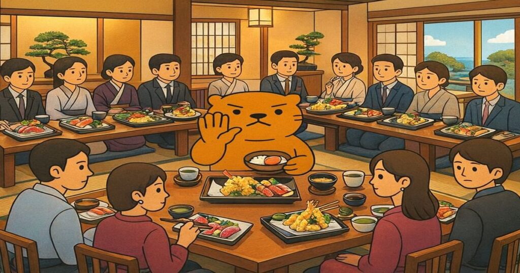 料亭の座敷でカワウソ君を中心に、着物姿の客たちが刺身や天ぷら、煮物などの和食を囲んで食事しているイラスト