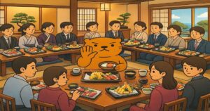 料亭の座敷でカワウソ君を中心に、着物姿の客たちが刺身や天ぷら、煮物などの和食を囲んで食事しているイラスト