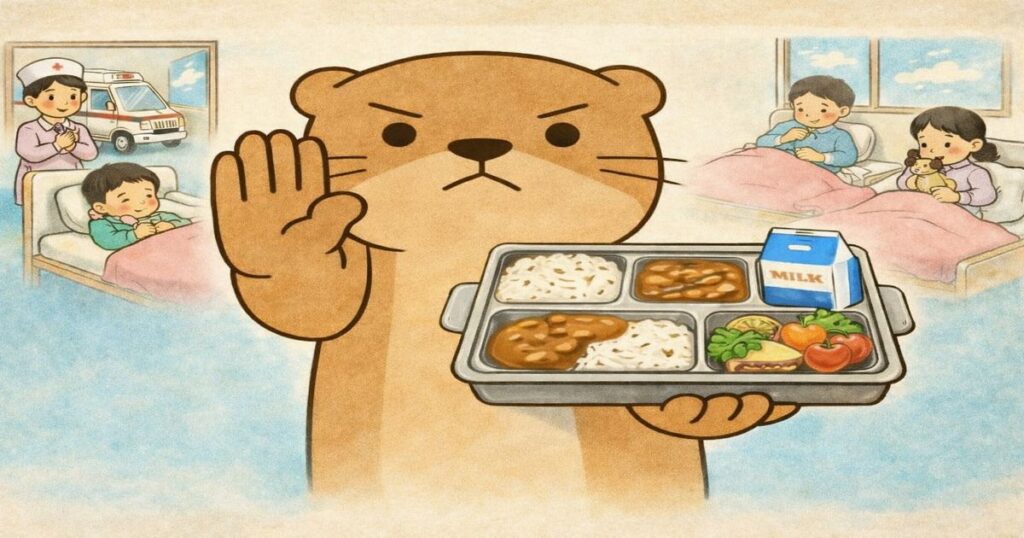 児童相談所の給食を前に注意喚起するカワウソのイラスト