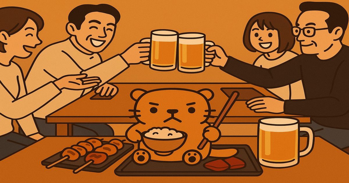 居酒屋で人々がビールを乾杯する中、カワウソが鶏レバーと串焼き料理を前に座るイラスト。食中毒注意を促す共通画像。