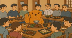 大学寮の食堂で夕食を囲む大学生と職員、食中毒をイメージしたカワウソ君のイラスト