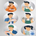 居酒屋で焼き鳥やレバー、ネギトロ、フグなどを食べる日本人のイラスト 食中毒リスクを示唆