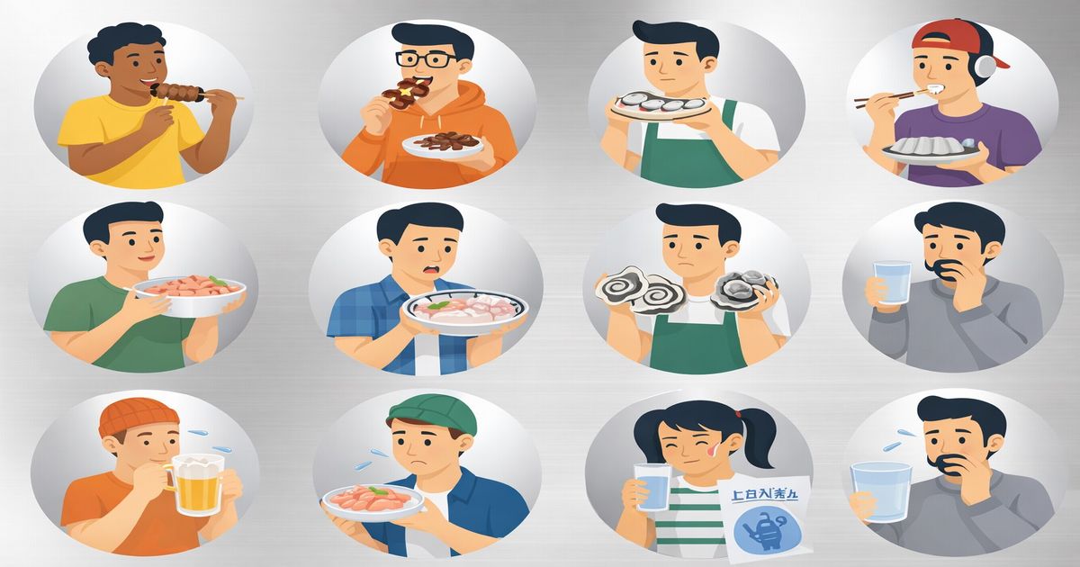 居酒屋で焼き鳥やレバー、ネギトロ、フグなどを食べる日本人のイラスト 食中毒リスクを示唆