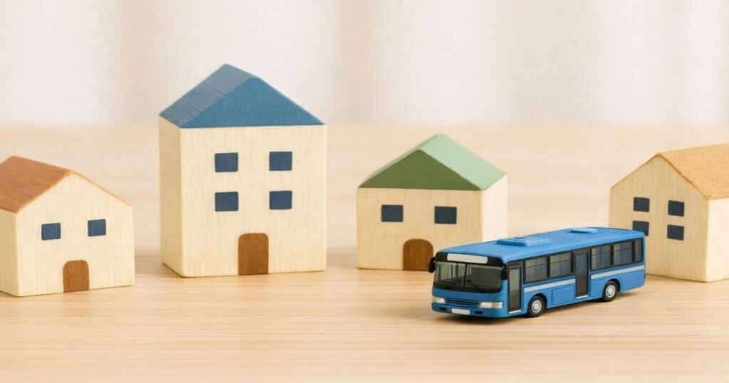 住宅模型-前を走る-バス-ミニチュア-暮らし-街並み-イメージ