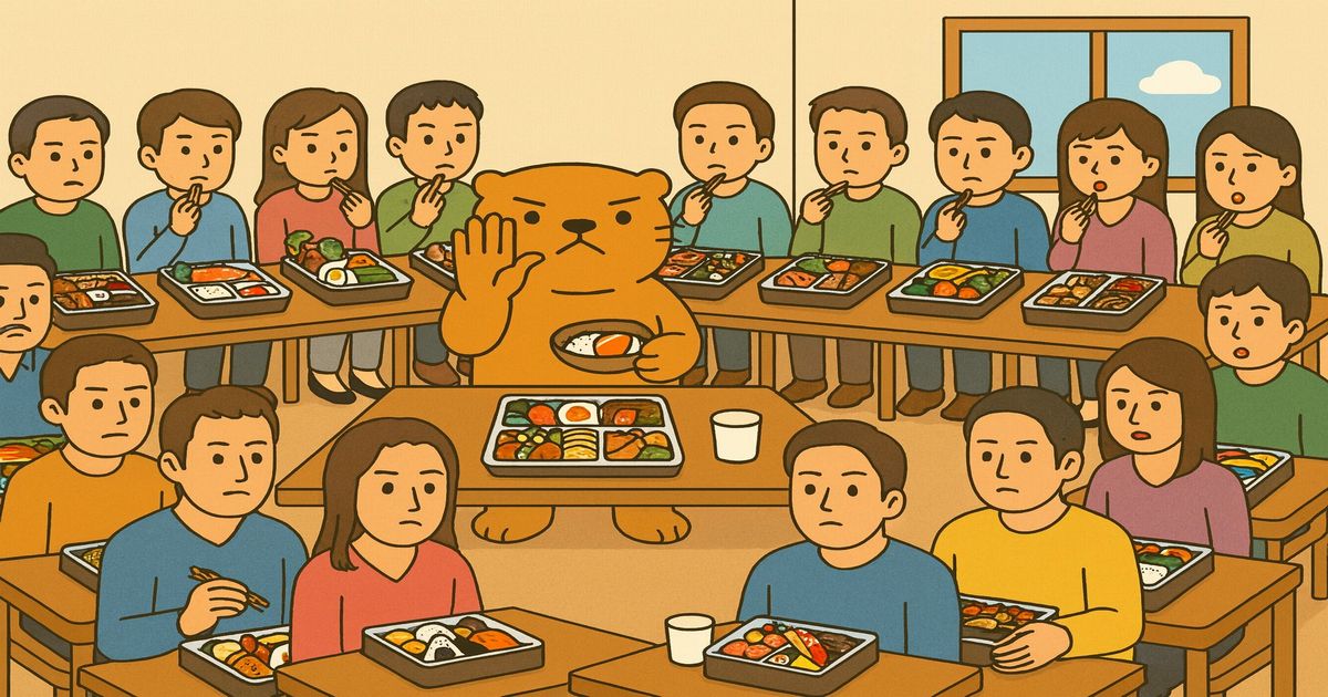 カワウソ君が大人たちと仕出し弁当を囲んで食事をするイラスト。寿司、天ぷら、刺身、唐揚げ、西京焼き、そぼろ、煮物など多彩なおかずが描かれている。