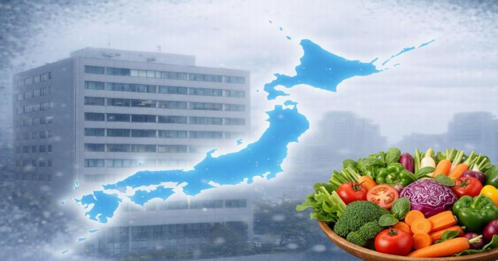 日本地図と企業ビル、食卓を支える新鮮な野菜のイメージ