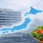 日本電算機用品が破産開始決定!負債25億円の真相とは? 日本地図と企業ビル、食卓を支える新鮮な野菜のイメージ