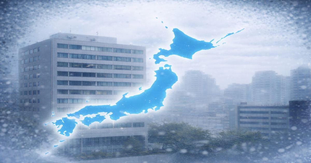 雪が降る都市のオフィス街と日本地図で表現した企業倒産の全国的影響イメージ