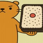 大きなお弁当を手に持ち、注意を促すカワウソ風キャラクターのイラスト