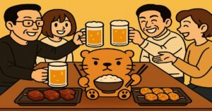 居酒屋のテーブルで鶏レバー料理とビールを囲む4人と、中央で不機嫌そうに箸を持つカワウソのイラスト。食中毒注意をイメージした共通画像。