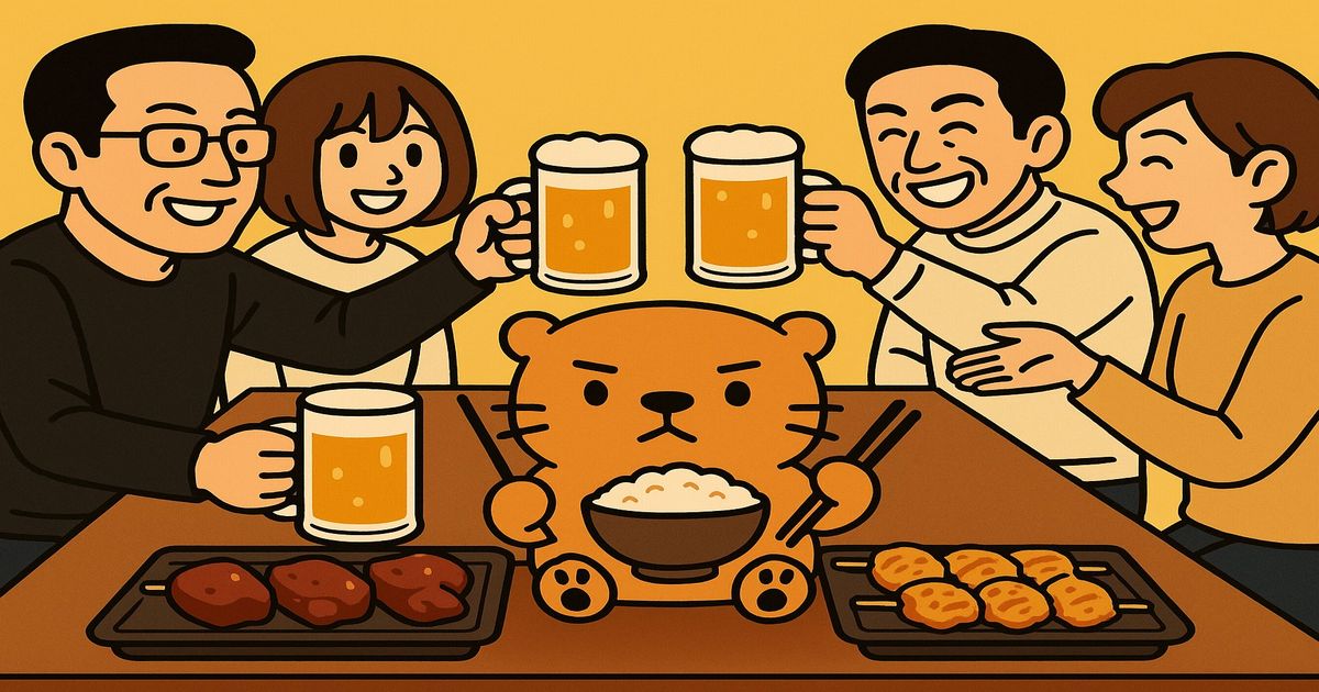 居酒屋のテーブルで鶏レバー料理とビールを囲む4人と、中央で不機嫌そうに箸を持つカワウソのイラスト。食中毒注意をイメージした共通画像。
