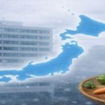 経済低迷で食材が減り、まばらになった様子を表現した日本地図と都市風景のイメージ