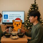 2025年クリスマス 節約志向のカップルとカワウソのイラスト