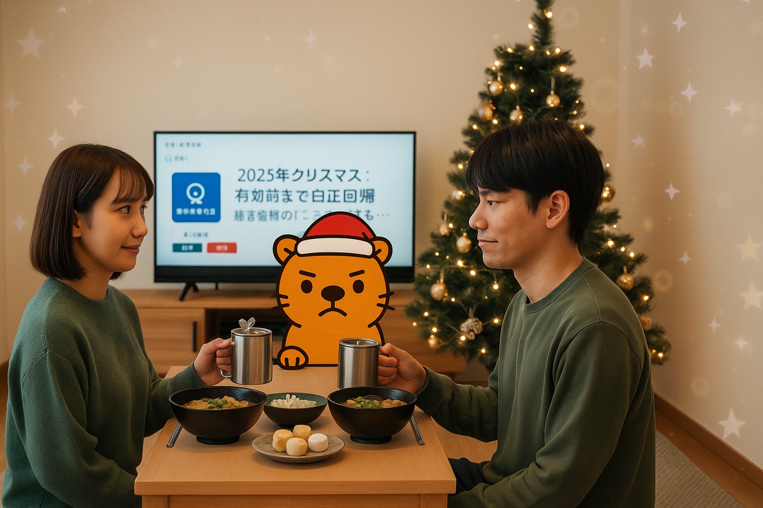 2025年クリスマス 節約志向のカップルとカワウソのイラスト