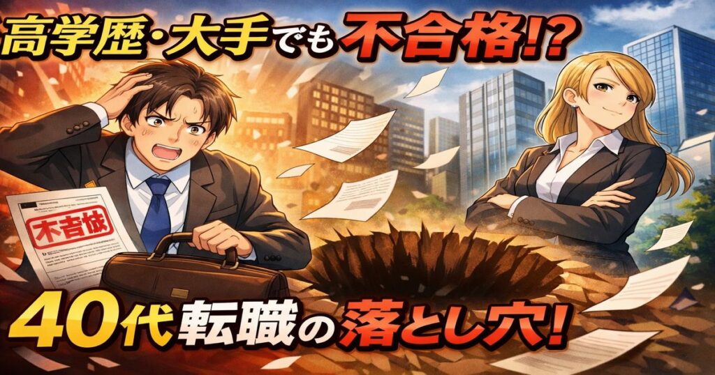 高学歴で大手企業出身でも不合格に悩む40代転職者を描いたアニメ風イラスト