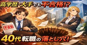高学歴で大手企業出身でも不合格に悩む40代転職者を描いたアニメ風イラスト