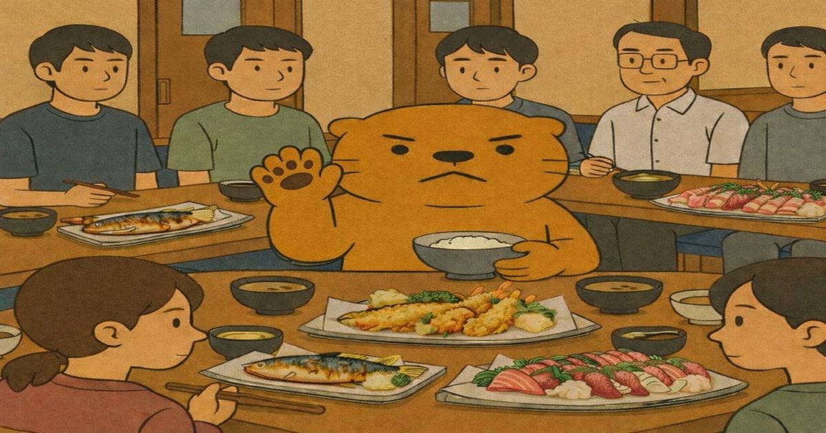 焼き魚と天ぷら、刺身が並ぶ給食の食堂で、食事を前に手を上げるカワウソのイラスト