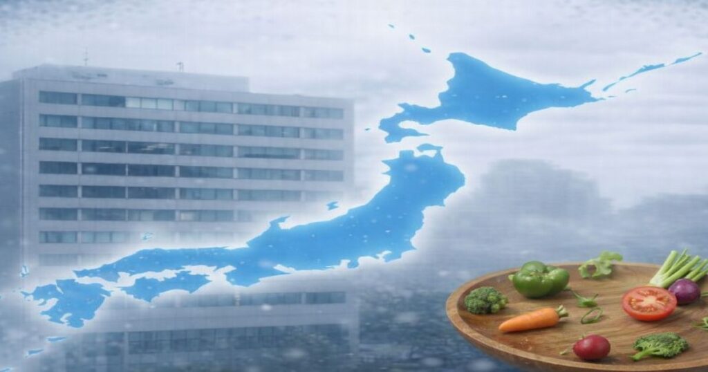 経済低迷で食材が減り、まばらになった様子を表現した日本地図と都市風景のイメージ