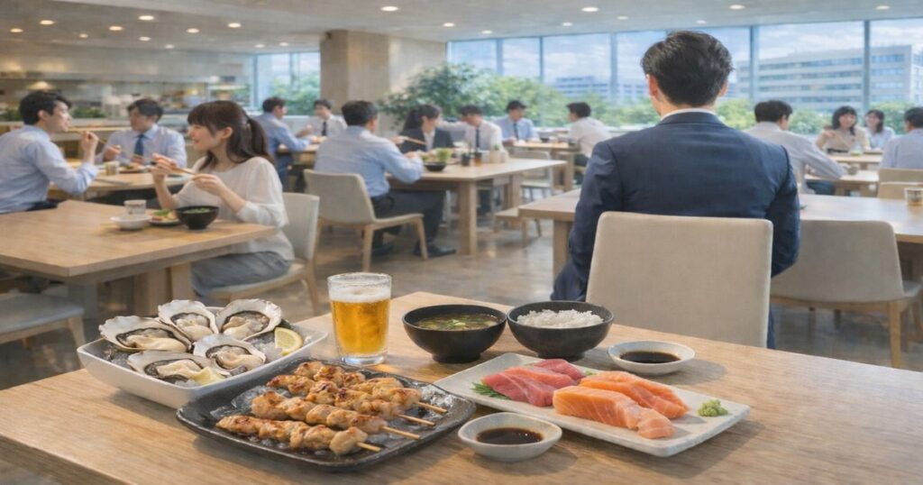 社員食堂で提供される生牡蠣や刺身など食中毒リスクのある食事風景