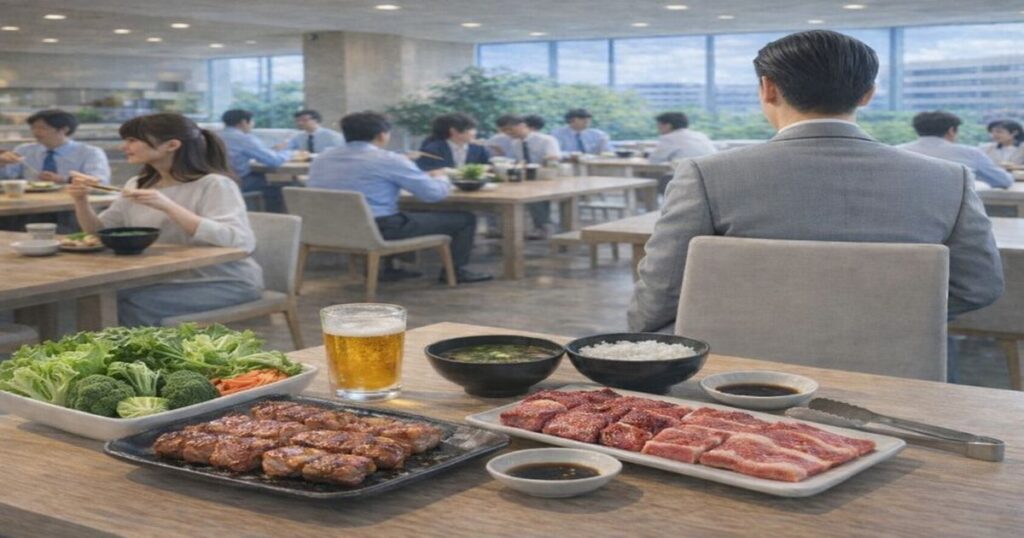 テーブルに焼けた焼肉とレタスが並ぶ昼食風景、グレーのスーツ姿の男性社員が座る様子