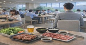 テーブルに焼けた焼肉とレタスが並ぶ昼食風景、グレーのスーツ姿の男性社員が座る様子