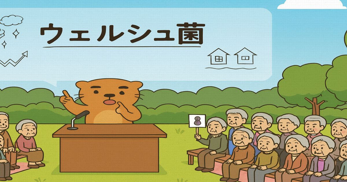 公園でウエルシュ菌について講義するクマ先生と、老人ホームの高齢者たちが座って聞いているイラスト」