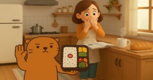 料理中の女性の前で、お弁当を掲げて手を上げるカワウソ君が立っているキッチンのイラスト