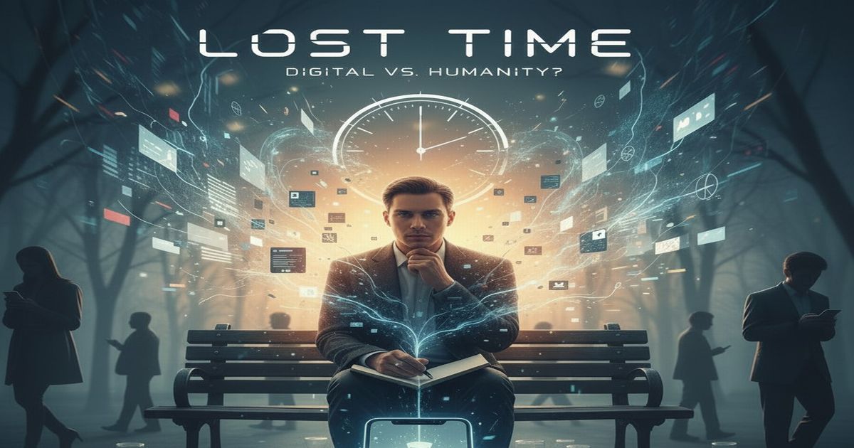 デジタル情報に囲まれた現代社会で時間と人間性の喪失を象徴する男性のビジュアル