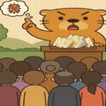 食中毒予防を講義するカワウソがサンドウィッチを机に置き、集まった人々に啓発しているイラスト